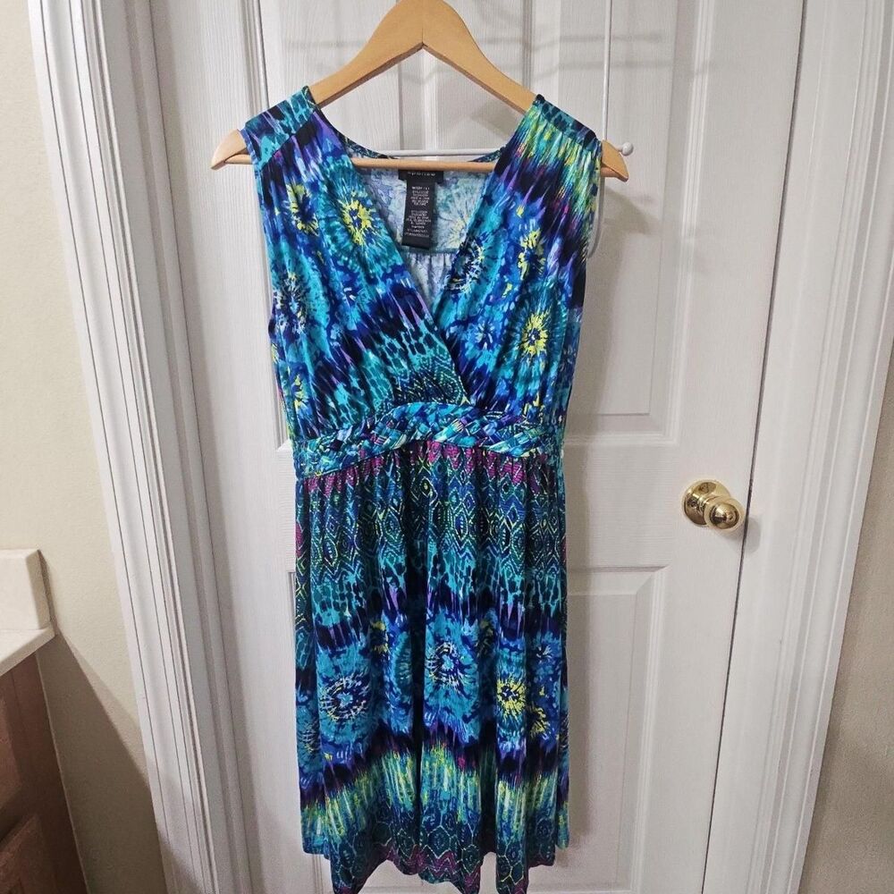 Spense Blue Multi-Pattern Sleeveless Surplice Dress with Braided Waist